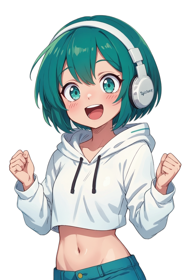 Topi, the bilingual AI mascot of the Topictionary Discord server, with both fists raised in an energetic pose.